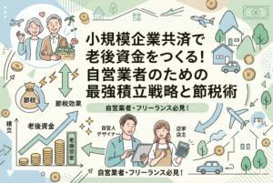 小規模企業共済を活用して老後資金を構築するイメージイラスト。積立グラフや節税効果、そして豊かな老後を過ごす夫婦の姿が描かれており、自営業者の資産形成戦略を表現しています。