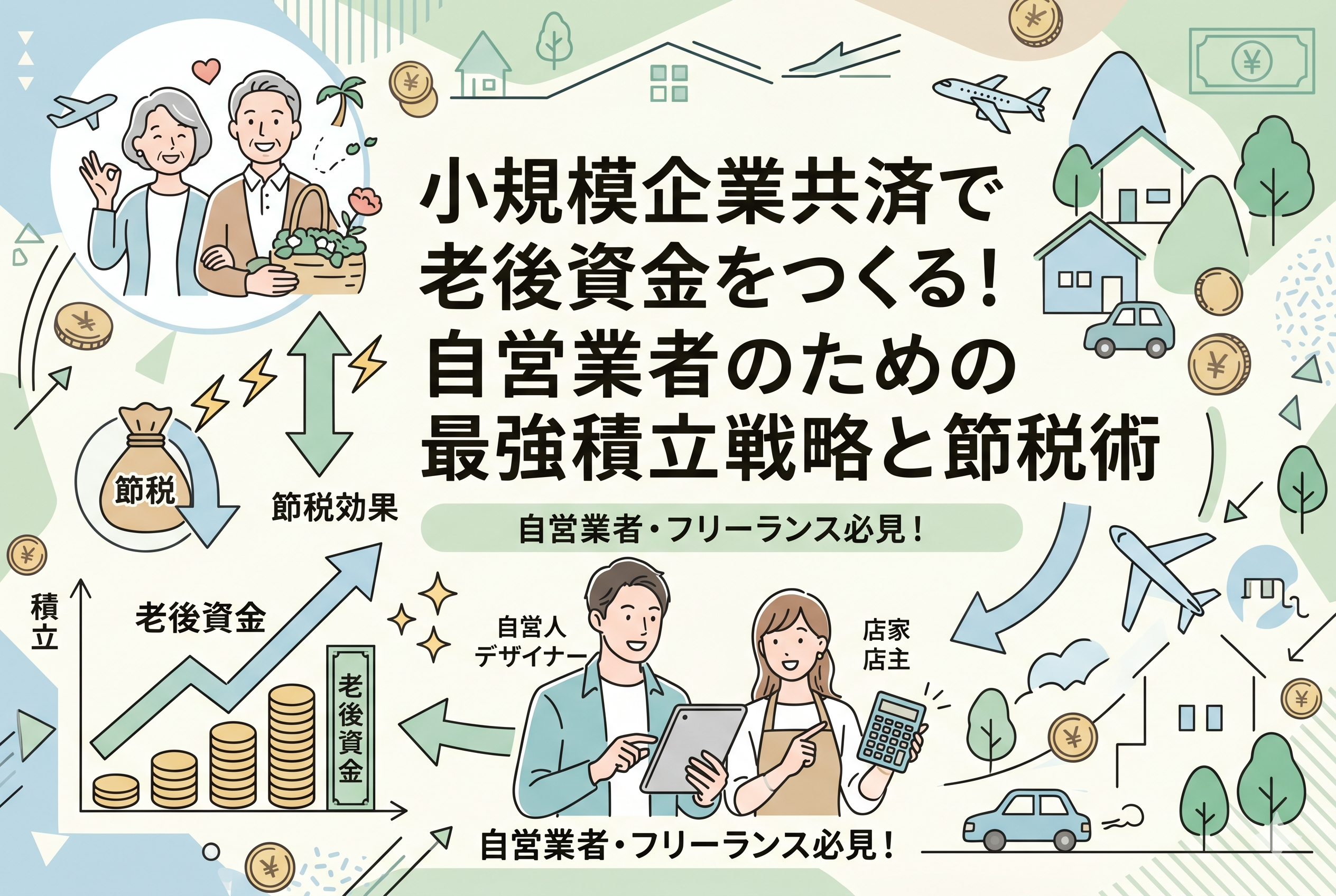 小規模企業共済を活用して老後資金を構築するイメージイラスト。積立グラフや節税効果、そして豊かな老後を過ごす夫婦の姿が描かれており、自営業者の資産形成戦略を表現しています。