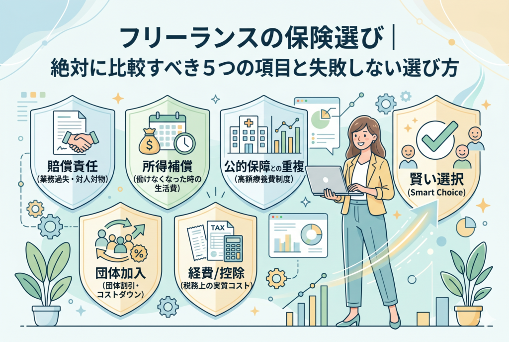 フリーランスの女性を囲むように、保険選びで比較すべき5つの項目(賠償責任、所得補償、公的保障との重複、団体加入、経費/控除)がシールドのアイコンで描かれたインフォグラフィック。各シールドには具体的なチェックポイントが記されており、それらを比較検討することで「賢い選択(Smart Choice)」へ導かれる構図のイラスト。