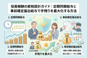 役員報酬の節税設計に関するインフォグラフィック。中央に笑顔の経営者と税理士、企業の手残りを最大化することを表す盾と金貨の山。左側は「1. 定期同額給与」の解説で、毎月同じ金額を設定し利益操作を防ぐルールであることを時計とグラフで表現。右側は「2. 事前確定届出給与」の解説で、事前に時期と金額を税務署に届け出し役員賞与で会社と個人のトータルで節税することを書類を渡す様子で表現。全体として、法人税と所得税を最適化し、手残りを最大化する方法を伝えている。