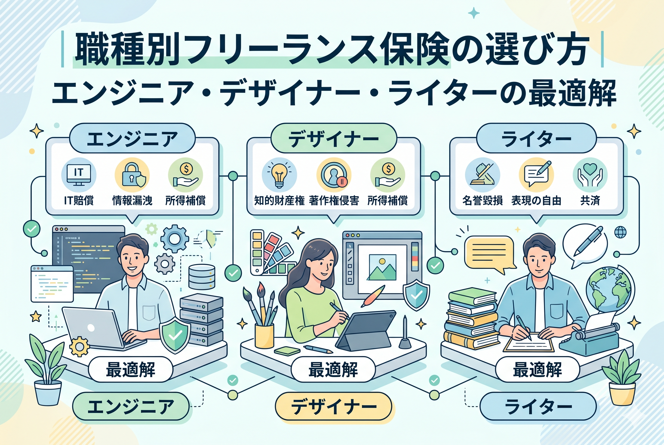 エンジニア、デザイナー、ライターの3つの職種別に、フリーランスが備えるべき保険の最適解を比較したインフォグラフィック。エンジニアはIT賠償や情報漏洩、デザイナーは知的財産権や著作権侵害、ライターは名誉毀損や共済といった、各業務特有のリスクと推奨される補償項目をアイコンで分かりやすく整理した図解イラスト。