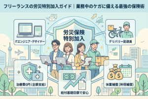 「フリーランスの労災特別加入ガイド」というタイトルが入ったインフォグラフィック風のイラスト。中央にはノートパソコンを持つエンジニアや荷物を持つ配達員など、多様な職種のフリーランスが描かれ、背景には大きな盾（保険）のアイコンが配置されている。左右のパネルでは「治療費0円（全額支給）」「休業補償（所得補償）」「給付基礎日額で安心」という、労災保険特別加入の主なメリットがアイコンとともに分かりやすく図解されている。