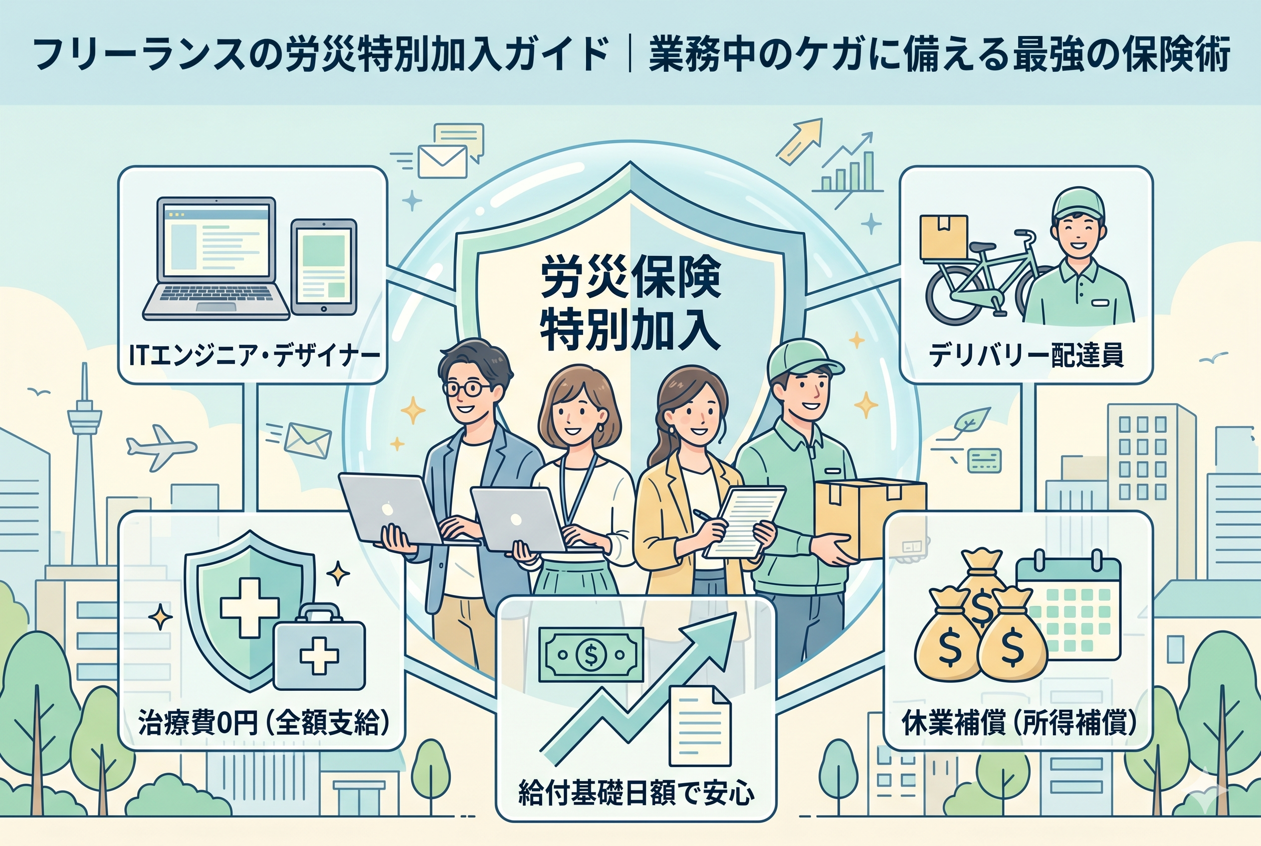 「フリーランスの労災特別加入ガイド」というタイトルが入ったインフォグラフィック風のイラスト。中央にはノートパソコンを持つエンジニアや荷物を持つ配達員など、多様な職種のフリーランスが描かれ、背景には大きな盾(保険)のアイコンが配置されている。左右のパネルでは「治療費0円(全額支給)」「休業補償(所得補償)」「給付基礎日額で安心」という、労災保険特別加入の主なメリットがアイコンとともに分かりやすく図解されている。