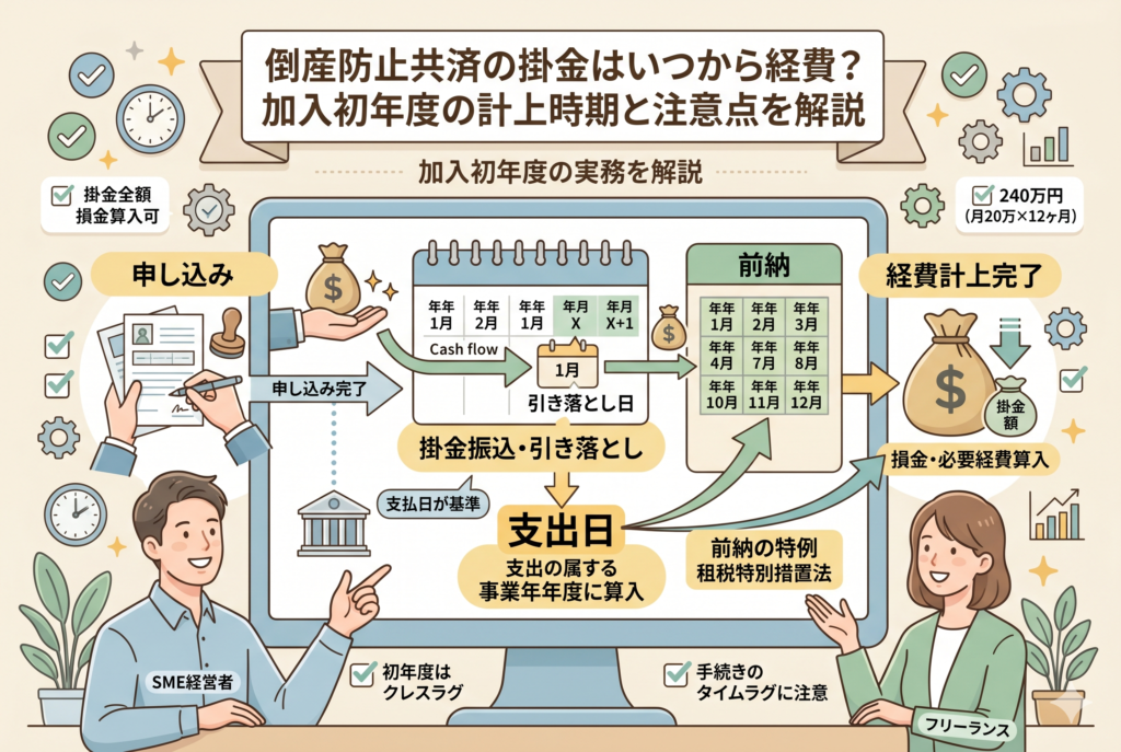 倒産防止共済(経営セーフティ共済)の加入初年度における経費計上のタイミングを図解したインフォグラフィック。申し込みから掛金の引き落とし、前納の仕組み、そして「支出日」が経費算入の基準になる流れを、経営者やフリーランスのイラストと共に分かりやすく解説しています。