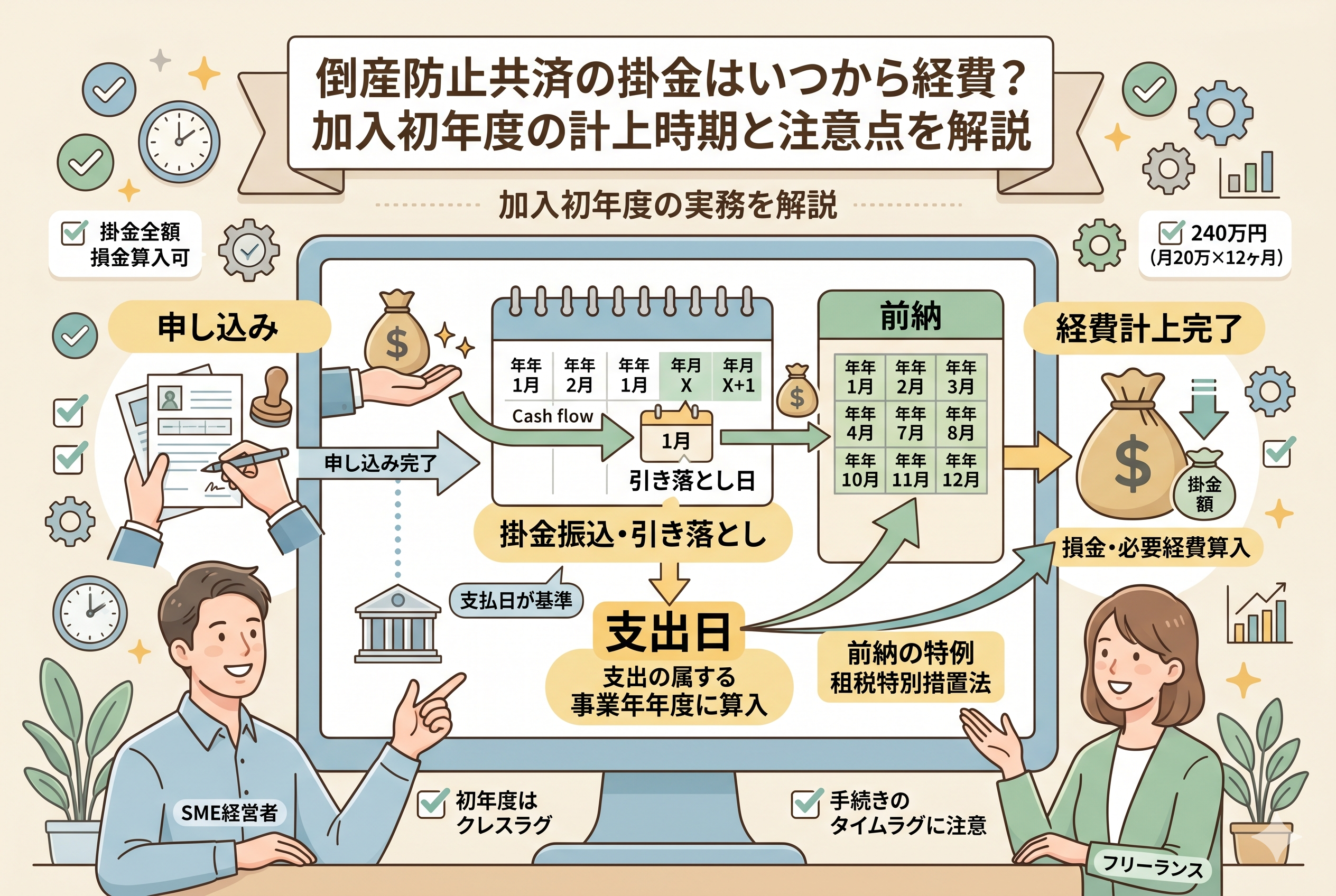 倒産防止共済(経営セーフティ共済)の加入初年度における経費計上のタイミングを図解したインフォグラフィック。申し込みから掛金の引き落とし、前納の仕組み、そして「支出日」が経費算入の基準になる流れを、経営者やフリーランスのイラストと共に分かりやすく解説しています。