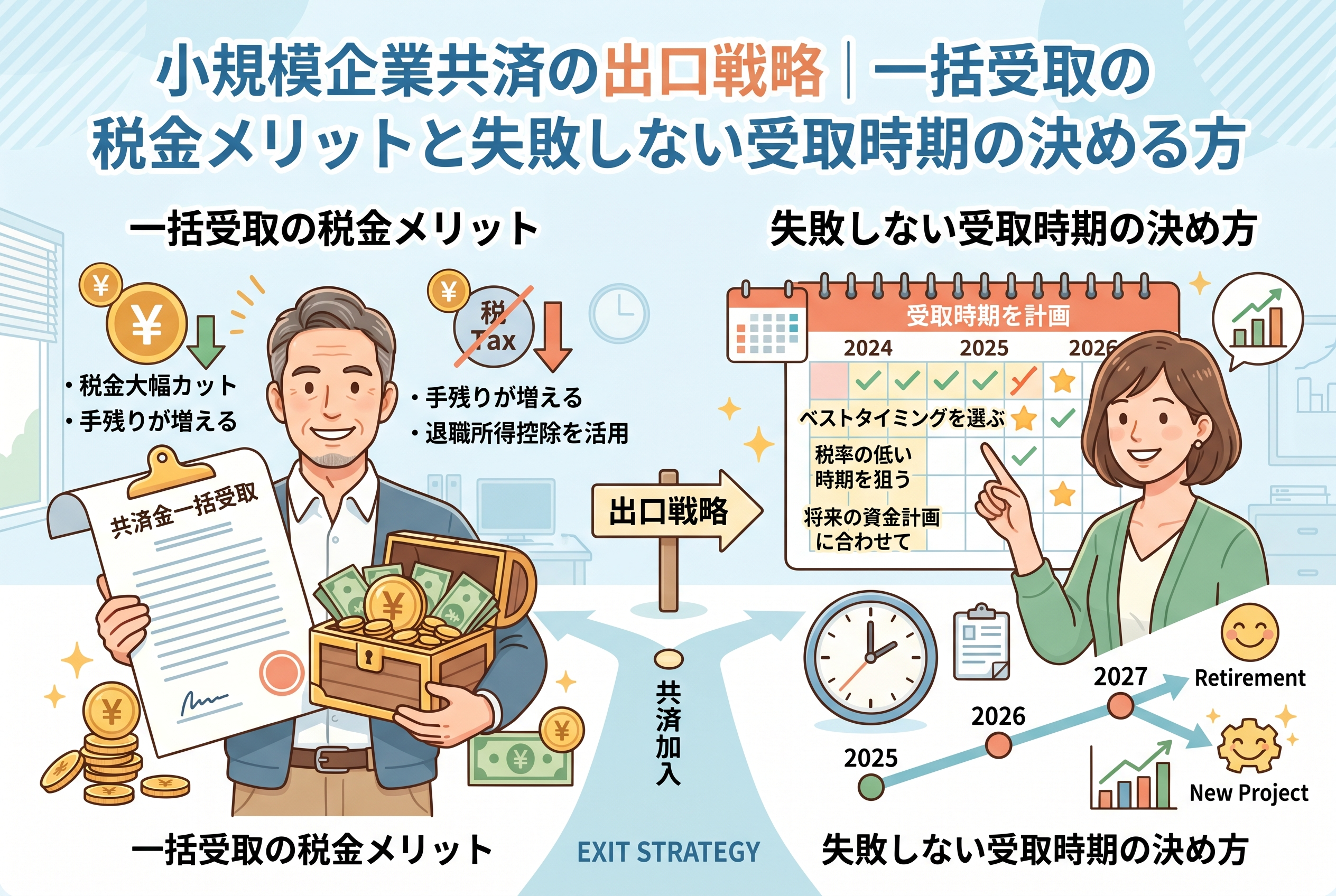 小規模企業共済の出口戦略を解説するインフォグラフィック。左側には一括受取を選択して退職所得控除を活用し、税金を抑えて手残りを最大化させた男性経営者が描かれ、右側にはカレンダーや年表を見ながら税率の低い最適な受取時期を計画する女性経営者が描かれています。中央には「出口戦略」の標識があり、将来の資金計画に合わせた受け取りの重要性を表現した、清潔感のある精緻なデザインです。