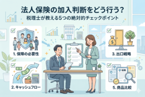 税理士が経営者に法人保険の加入判断基準を解説しているイラスト。中央にチェックリストを持つ税理士と経営者が描かれ、周囲に「1.保障の必要性（家族や従業員のイラスト）」「2.キャッシュフロー（資金の流れと電卓）」「3.出口戦略（退職金と資産形成）」「5.商品比較（複数の保険証券）」といった5つの重要チェックポイントがアイコンと共に分かりやすく整理されている。