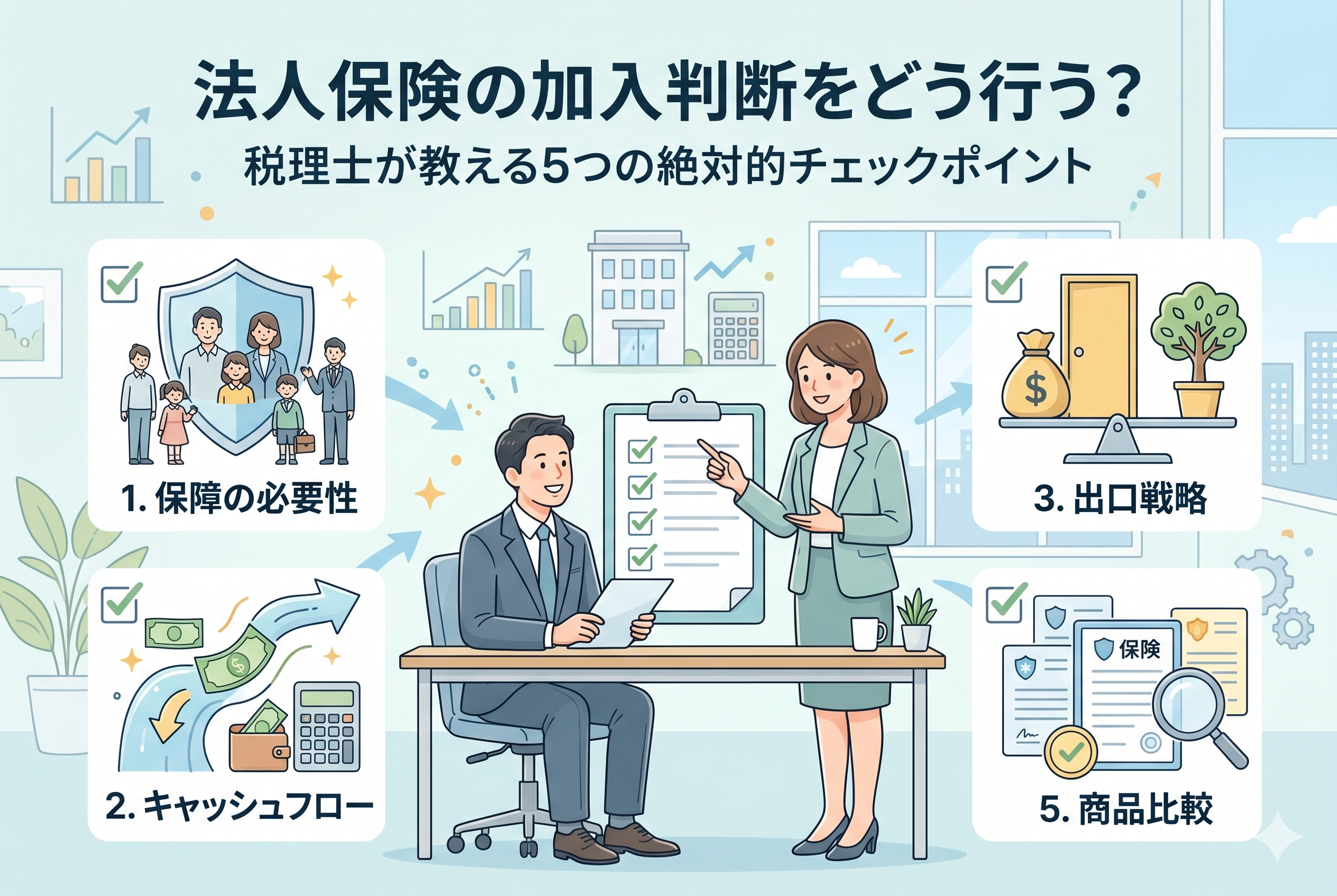 税理士が経営者に法人保険の加入判断基準を解説しているイラスト。中央にチェックリストを持つ税理士と経営者が描かれ、周囲に「1.保障の必要性（家族や従業員のイラスト）」「2.キャッシュフロー（資金の流れと電卓）」「3.出口戦略（退職金と資産形成）」「5.商品比較（複数の保険証券）」といった5つの重要チェックポイントがアイコンと共に分かりやすく整理されている。