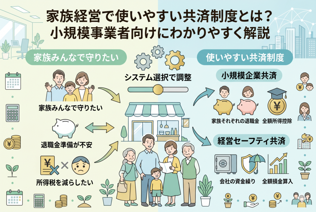 家族経営の小規模事業者が活用すべき共済制度を解説した図解。左側には「家族みんなで守りたい」「退職金準備が不安」といった経営者の悩み、右側には解決策として、家族それぞれの退職金を作る「小規模企業共済」と、会社の資金繰りを守る「経営セーフティ共済」を対比させています。中央には三世代の家族と店舗のイラストが描かれ、制度の使い分けによる資産形成のイメージを表現しています。