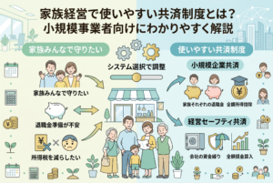 家族経営の小規模事業者が活用すべき共済制度を解説した図解。左側には「家族みんなで守りたい」「退職金準備が不安」といった経営者の悩み、右側には解決策として、家族それぞれの退職金を作る「小規模企業共済」と、会社の資金繰りを守る「経営セーフティ共済」を対比させています。中央には三世代の家族と店舗のイラストが描かれ、制度の使い分けによる資産形成のイメージを表現しています。