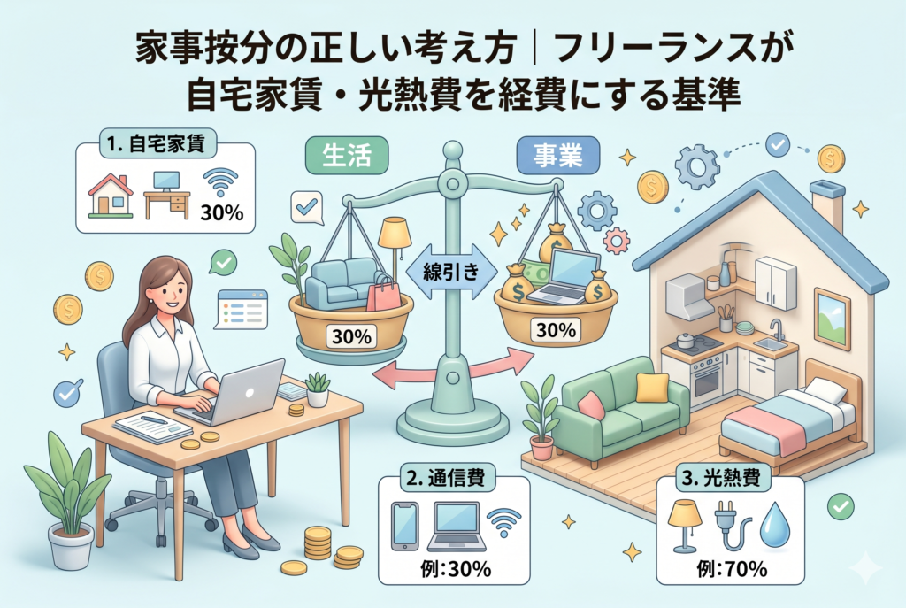 「家事按分の正しい考え方|フリーランスが自宅家賃・光熱費を計上にする基準」という見出しが入ったアイキャッチ画像。中央には「生活」と「事業」のバランスを線引きする天秤が描かれ、デスクで作業する女性、家賃や通信費の按分比率(例:30%)を示すアイコン、自宅のカットモデル図などが配置された、清潔感のある3Dイラストです。
