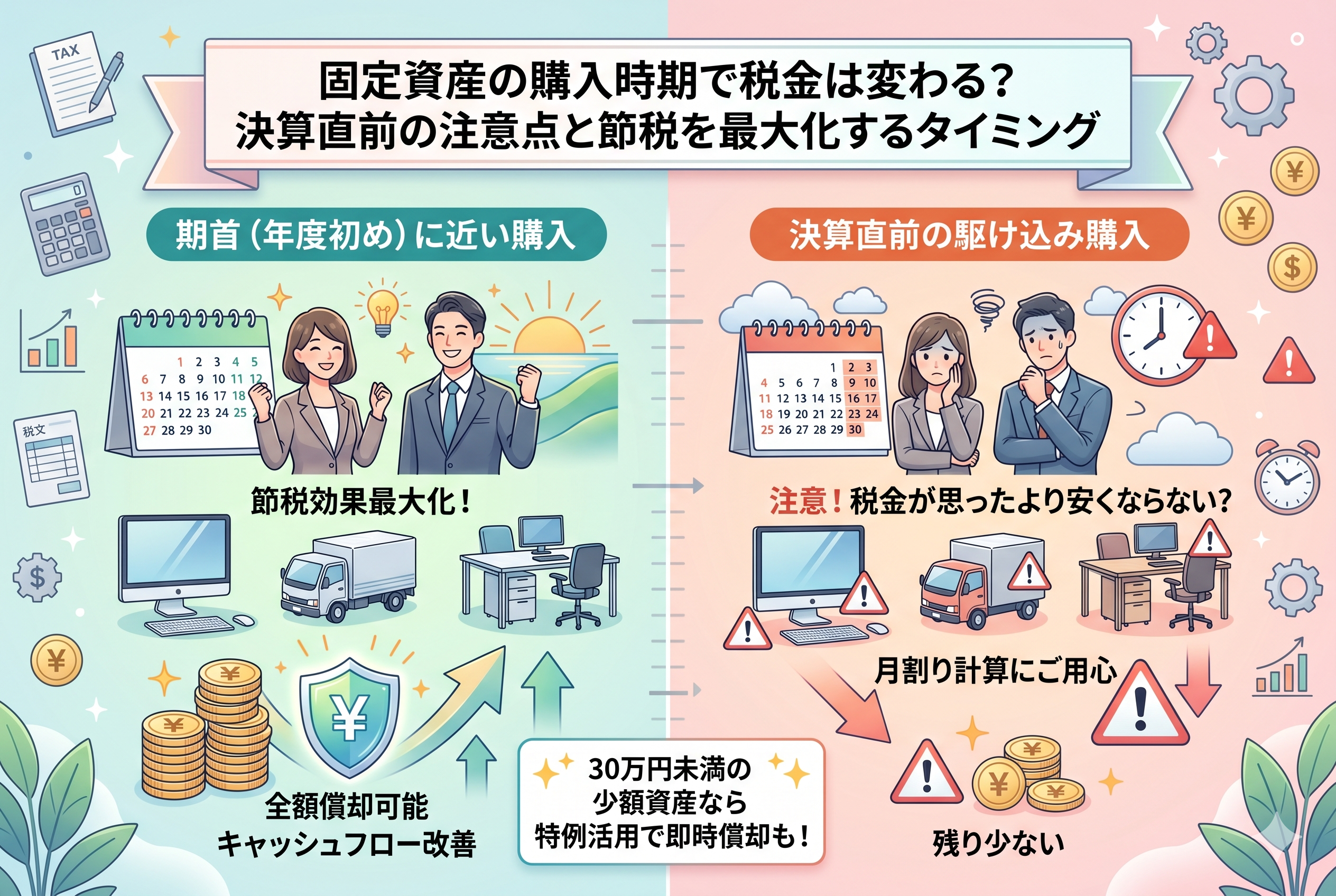 固定資産の購入時期による節税効果の違いを左右に分けて比較したイラスト。左側は「期首(年度初め)に近い購入」として、笑顔のビジネスパーソンと1年分のカレンダーが描かれ、全額償却によるキャッシュフロー改善のメリットを示している。右側は「決算直前の駆け込み購入」として、悩む人物と警告マークが描かれ、月割り計算により当期の経費が少なくなる注意点を示している。中央下部には「30万円未満の特例」による即時償却の可能性についても触れている。