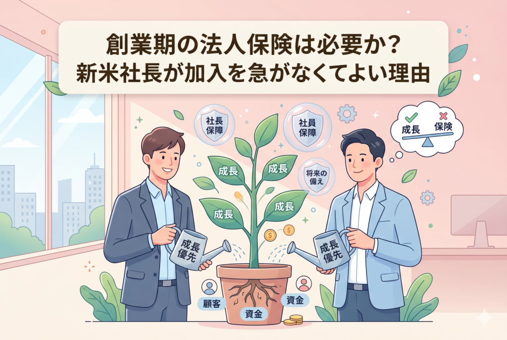 「創業期の法人保険は必要か?新米社長が加入を急がなくてよい理由」という記事のアイキャッチ画像。二人のビジネスマンが「成長優先」と書かれたジョウロで、会社の成長を象徴する苗木に水をやっているイラスト。苗木には「成長」という葉が茂り、根元には「資金」や「顧客」といった土台が描かれている。上部には「社長保障」や「将来の備え」などのアイコンが浮かんでいるが、思考バブル内の天秤では「保険」よりも「成長」が優先されるべきであることを示している。清潔感のある、親しみやすいビジネスデザイン。