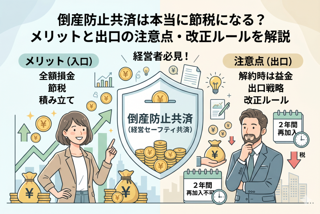 インフォグラフィック形式のアイキャッチ画像。中央に倒産防止共済（経営セーフティ共済）の盾のアイコンがあり、左側には「全額損金」「節税」などのメリット、右側には「解約時は益金」「出口戦略」に加え、改正ルールである「2年間の再加入制限」についての注意点が、ビジネスパーソンのイラストと共に整理されています。