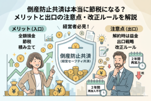 インフォグラフィック形式のアイキャッチ画像。中央に倒産防止共済（経営セーフティ共済）の盾のアイコンがあり、左側には「全額損金」「節税」などのメリット、右側には「解約時は益金」「出口戦略」に加え、改正ルールである「2年間の再加入制限」についての注意点が、ビジネスパーソンのイラストと共に整理されています。