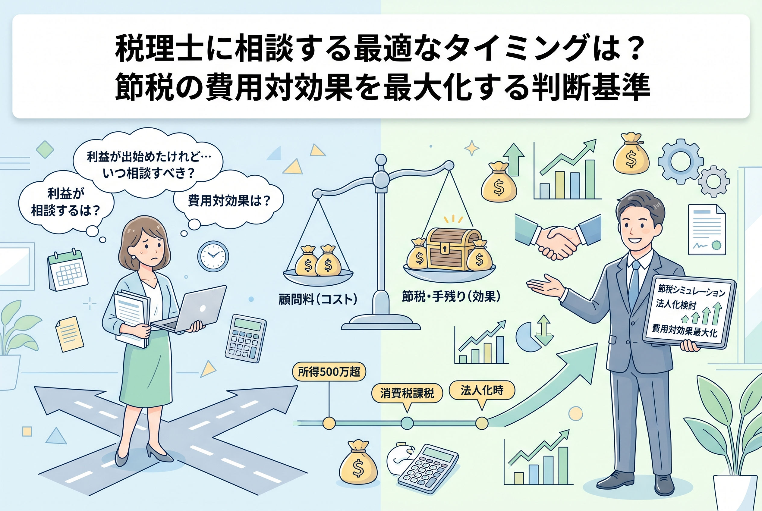税理士への相談タイミングに悩む女性経営者と、費用（顧問料）と効果（節税・手残り）を天秤で比較するインフォグラフィック。所得500万円超、消費税課税、法人化といった事業の重要な節目をタイムラインで示し、専門家がシミュレーションを提示することで費用対効果を最大化するイメージを描いた、清潔感のある精緻なデザインです。
