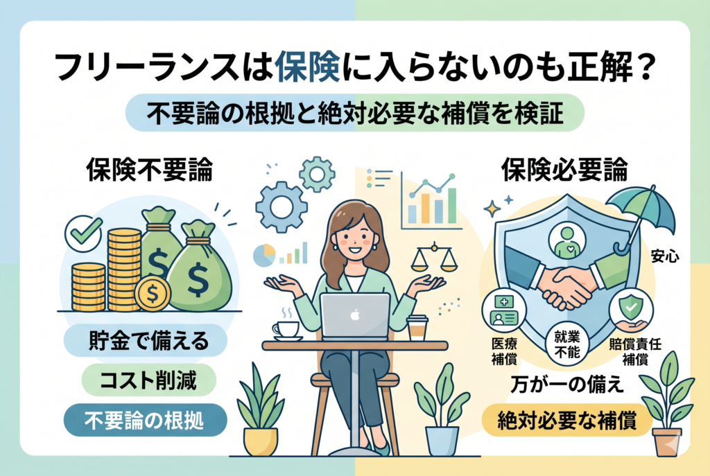 フリーランスの保険不要論と必要論を対比させたインフォグラフィック。左側には「貯金で備える・コスト削減」という不要論の根拠、右側には「医療・就業不能・賠償責任」という絶対必要な補償のアイコンが描かれ、中央の女性が天秤でバランスを考えている様子を表現したアイキャッチ画像。