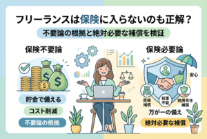 フリーランスの保険不要論と必要論を対比させたインフォグラフィック。左側には「貯金で備える・コスト削減」という不要論の根拠、右側には「医療・就業不能・賠償責任」という絶対必要な補償のアイコンが描かれ、中央の女性が天秤でバランスを考えている様子を表現したアイキャッチ画像。