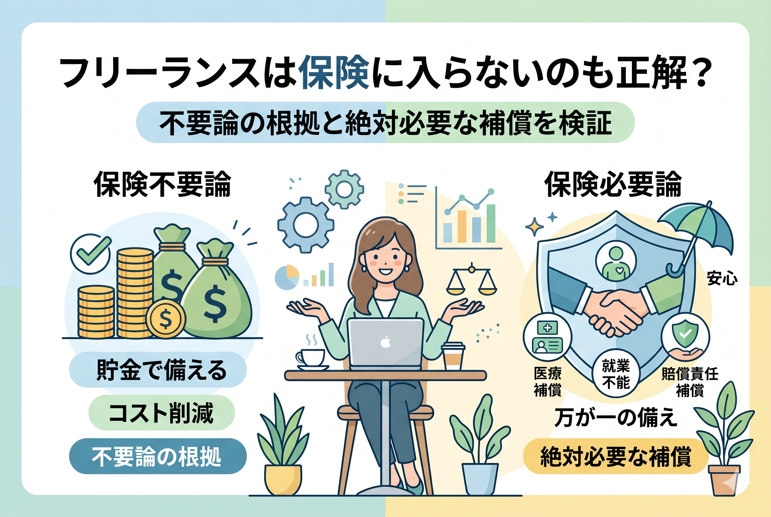 フリーランスの保険不要論と必要論を対比させたインフォグラフィック。左側には「貯金で備える・コスト削減」という不要論の根拠、右側には「医療・就業不能・賠償責任」という絶対必要な補償のアイコンが描かれ、中央の女性が天秤でバランスを考えている様子を表現したアイキャッチ画像。