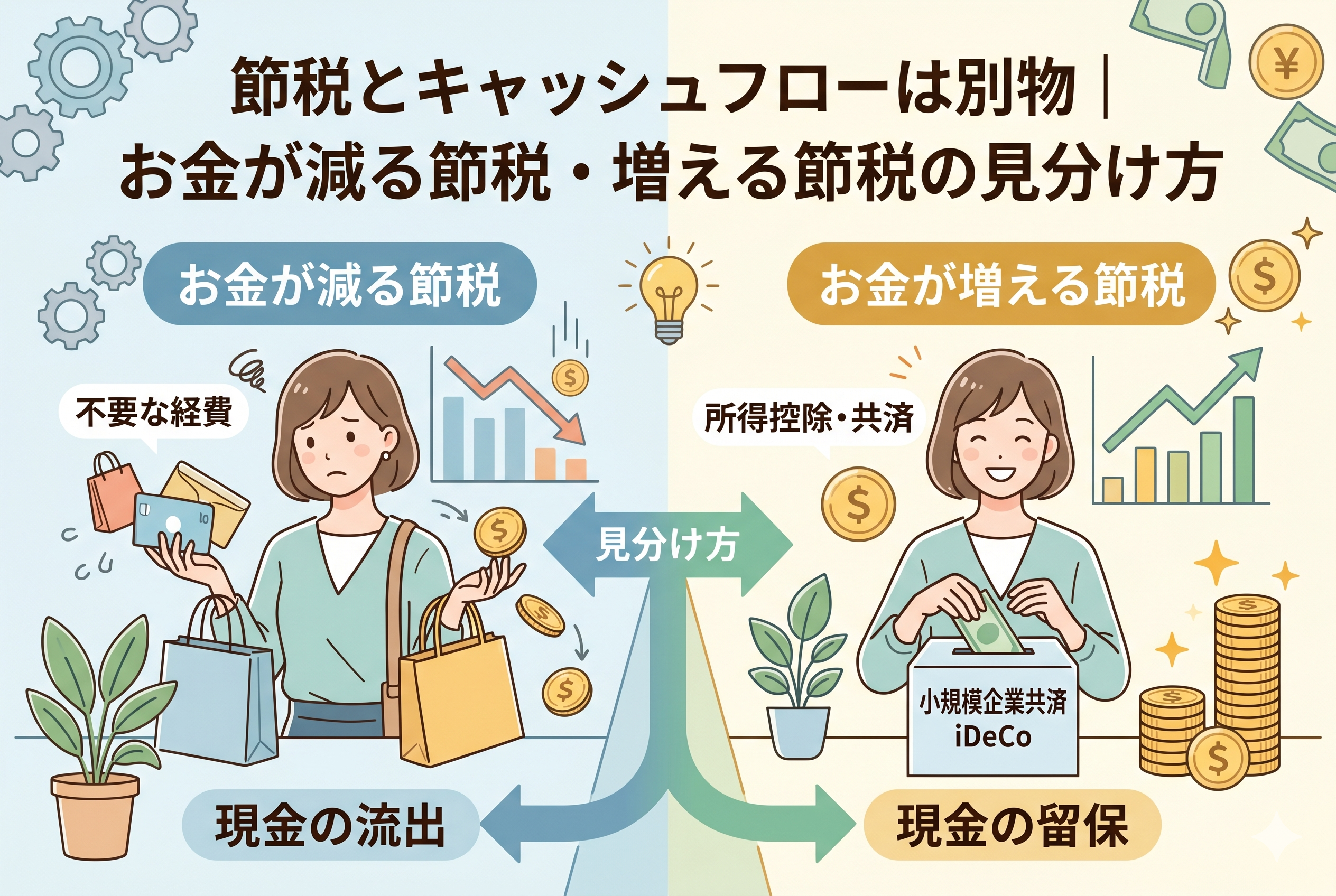 「節税とキャッシュフローは別物|お金が減る節税・増える節税の見分け方」という見出しが入った比較イラスト。左側には「お金が減る節税」として不要な経費の支払いで現金が流出し、困惑する女性の姿。右側には「お金が増える節税」として小規模企業共済やiDeCoに資金を積み立て、現金を留保して笑顔の女性の姿が対比して描かれています。