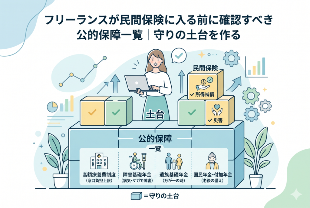 フリーランスの女性が、高額療養費制度、障害基礎年金、遺族基礎年金、国民年金(付加年金)などの日本の充実した「公的保障」が描かれた頑丈な「守りの土台」の上に立っているイラスト。土台の上には、足りない部分(所得補償など)を補うための「民間保険」のブロックが積み上げられており、民間保険検討前に公的保障を確認する重要性を視覚化したインフォグラフィック。