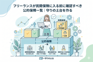 フリーランスの女性が、高額療養費制度、障害基礎年金、遺族基礎年金、国民年金（付加年金）などの日本の充実した「公的保障」が描かれた頑丈な「守りの土台」の上に立っているイラスト。土台の上には、足りない部分（所得補償など）を補うための「民間保険」のブロックが積み上げられており、民間保険検討前に公的保障を確認する重要性を視覚化したインフォグラフィック。