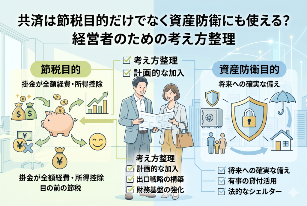 記事「共済は節税目的だけでなく資産防衛にも使える?経営者のための考え方整理」のアイキャッチ画像。中央に相談する経営者の男女、左側に「節税目的」として貯金箱や全額経費・所得控除のアイコン、右側に「資産防衛目的」として盾や金庫、将来への備え、有事の貸付活用、法的シェルターといったアイコンが描かれている。共済の二つの側面を対比させ、考え方を整理するインフォグラフィック。