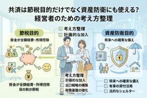 記事「共済は節税目的だけでなく資産防衛にも使える？経営者のための考え方整理」のアイキャッチ画像。中央に相談する経営者の男女、左側に「節税目的」として貯金箱や全額経費・所得控除のアイコン、右側に「資産防衛目的」として盾や金庫、将来への備え、有事の貸付活用、法的シェルターといったアイコンが描かれている。共済の二つの側面を対比させ、考え方を整理するインフォグラフィック。