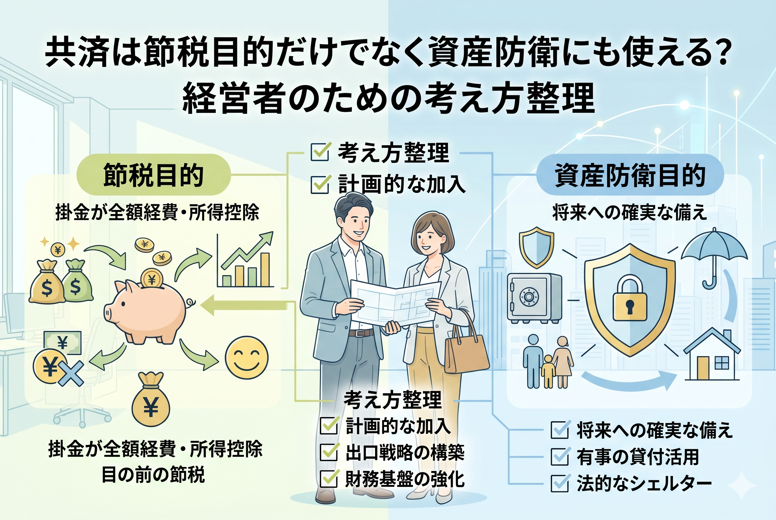 記事「共済は節税目的だけでなく資産防衛にも使える?経営者のための考え方整理」のアイキャッチ画像。中央に相談する経営者の男女、左側に「節税目的」として貯金箱や全額経費・所得控除のアイコン、右側に「資産防衛目的」として盾や金庫、将来への備え、有事の貸付活用、法的シェルターといったアイコンが描かれている。共済の二つの側面を対比させ、考え方を整理するインフォグラフィック。