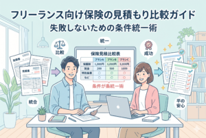 「フリーランス向け保険の見積もり比較ガイド | 失敗しないための条件統一術」というタイトルが入ったインフォグラフィック。男女のフリーランスがデスクで複数の見積書を整理し、モニターに表示された比較表を使って条件を一つに統合・統一していく様子が描かれている。バラバラな情報を整理し、納得のいく保険選び（成功）へと至るプロセスが視覚的に図解されている。