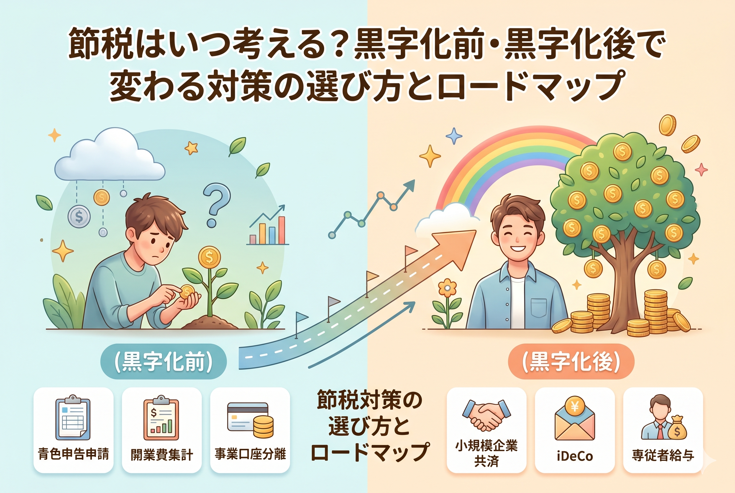 「節税はいつ考える?黒字化前・黒字化後で変わる対策の選び方とロードマップ」という記事のアイキャッチ画像。画面中央には左から右へ伸びるロードマップの矢印が描かれている。左側は黒字化前(水色背景)で、悩むフリーランス男性と、青色申告申請、開業費集計、事業口座分離の対策が示されている。右側は黒字化後(ピンク背景)で、笑顔のフリーランス男性と、小規模企業共済、iDeCo、専従者給与の対策が示されている。親しみやすい3Dイラスト。