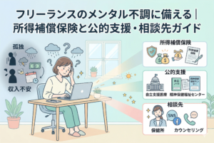 パソコンの前で頭を抱えて悩む女性フリーランスのイラスト。画像には「フリーランスのメンタル不調に備える｜所得補償保険と公的支援・相談先ガイド」というタイトルがあり、解決策として「所得補償保険」「公的支援（自立支援医療、精神保健福祉センター）」「相談先（保健所、カウンセリング、SNS）」の3つの柱がアイコン付きで分かりやすく示されている。