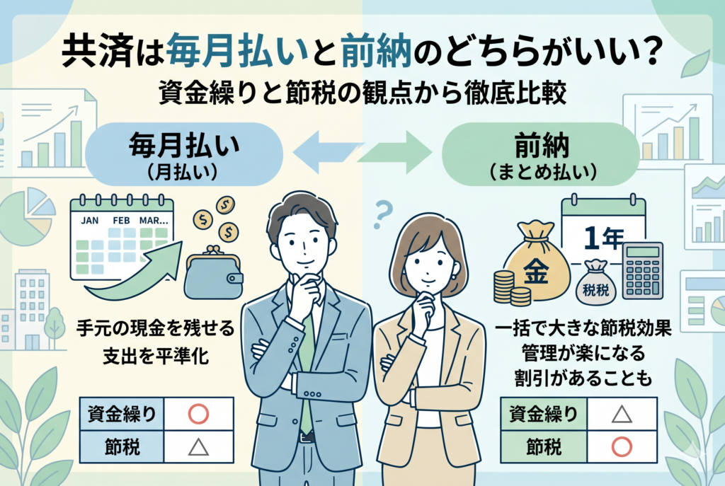 共済の掛金支払方法である「毎月払い」と「前納(まとめ払い)」を、資金繰りと節税の2つの観点で比較したインフォグラフィック。中央に悩む男女の経営者のイラストを配置し、左側には「支出の平準化」などの月払いのメリット、右側には「大きな節税効果」などの前納のメリットを対比させて図解しています。