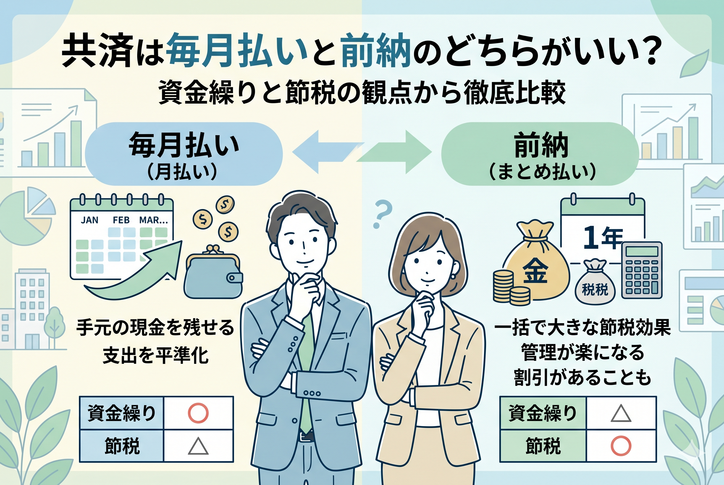共済の掛金支払方法である「毎月払い」と「前納(まとめ払い)」を、資金繰りと節税の2つの観点で比較したインフォグラフィック。中央に悩む男女の経営者のイラストを配置し、左側には「支出の平準化」などの月払いのメリット、右側には「大きな節税効果」などの前納のメリットを対比させて図解しています。