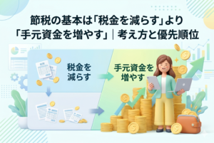 「節税の基本は「税金を減らす」より「手元資金を増やす」｜考え方と優先順位」という記事見出しが入った、クリーンな3Dイラストのアイキャッチ画像。画面は左右に分割されており、左側には「税金を減らす」のテキストと税金の書類や散らばる金貨が、右側には「手元資金を増やす」のテキストと、タブレットを持った笑顔の女性、巨大な金貨の山、上昇グラフが描かれています。
