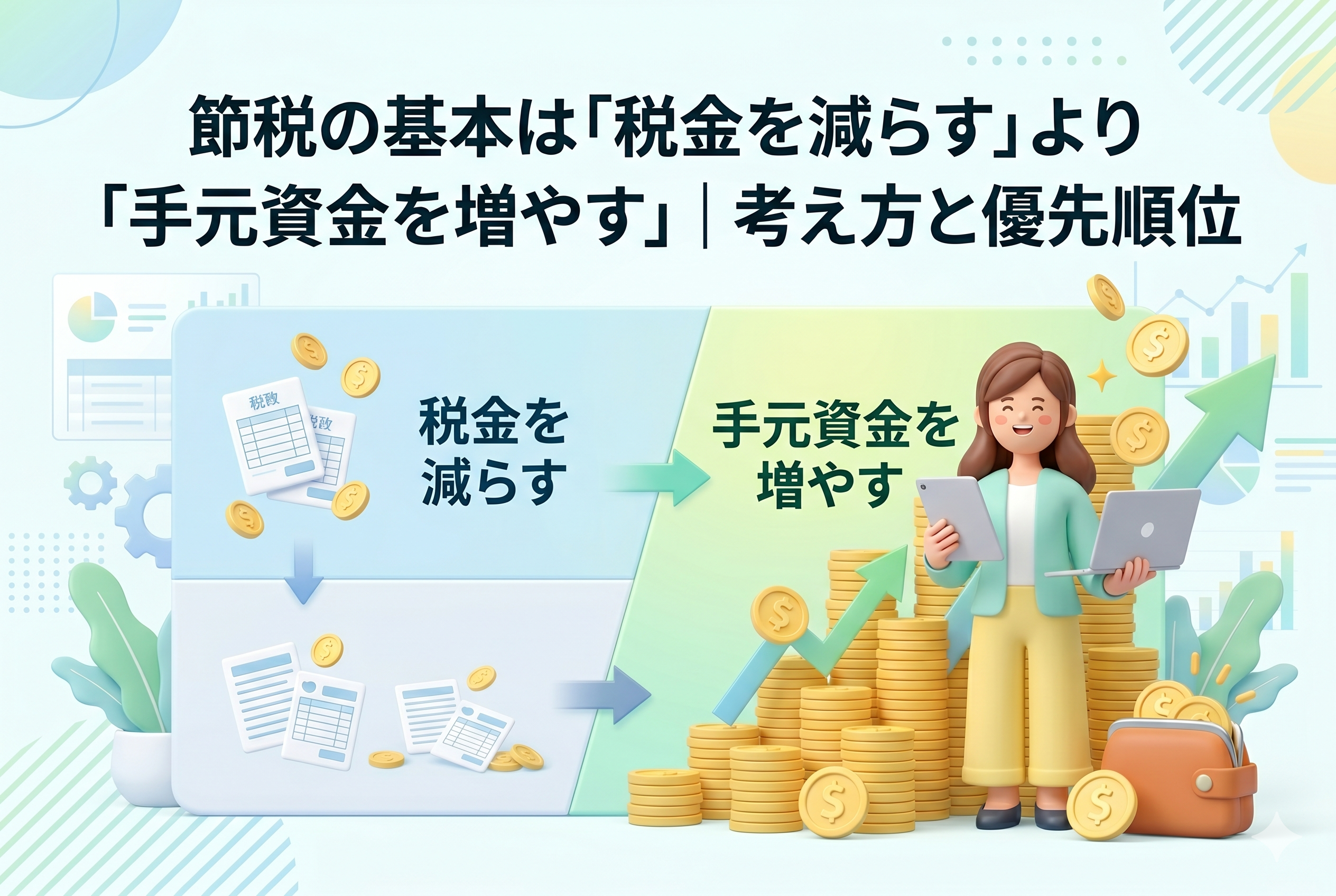「節税の基本は「税金を減らす」より「手元資金を増やす」|考え方と優先順位」という記事見出しが入った、クリーンな3Dイラストのアイキャッチ画像。画面は左右に分割されており、左側には「税金を減らす」のテキストと税金の書類や散らばる金貨が、右側には「手元資金を増やす」のテキストと、タブレットを持った笑顔の女性、巨大な金貨の山、上昇グラフが描かれています。