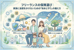 中央に幸せそうなフリーランスの家族が座り、左側に「守り」として所得補償、就業不能保険、生命保険を象徴するシールドと傘のアイコン、右側に「攻め」としてビジネス成長、NISA、小規模企業共済を象徴するロケットや成長グラフが描かれたインフォグラフィック。リスクを最小化しつつ夢を実現する「攻めと守り」のバランスを視覚化した、清潔感のある精緻なデザイン。