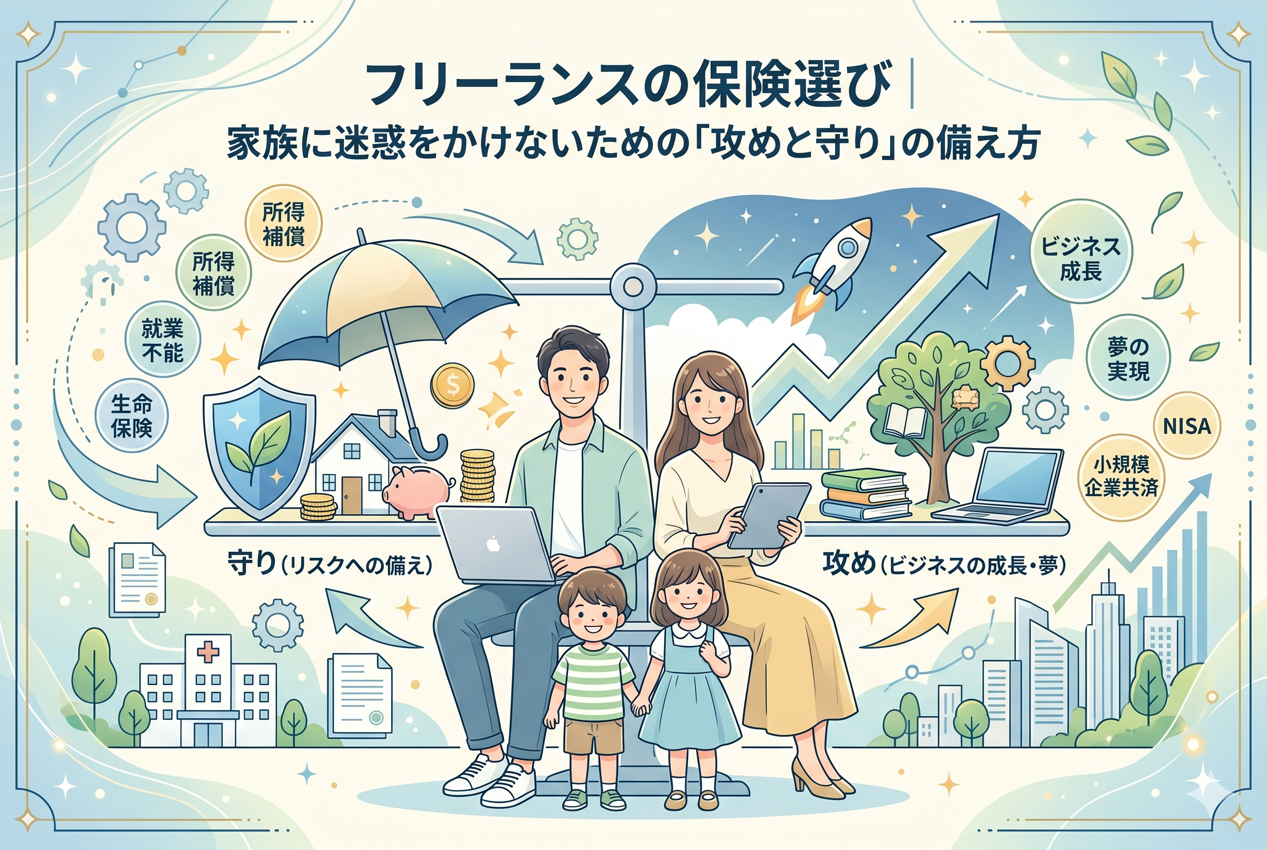 中央に幸せそうなフリーランスの家族が座り、左側に「守り」として所得補償、就業不能保険、生命保険を象徴するシールドと傘のアイコン、右側に「攻め」としてビジネス成長、NISA、小規模企業共済を象徴するロケットや成長グラフが描かれたインフォグラフィック。リスクを最小化しつつ夢を実現する「攻めと守り」のバランスを視覚化した、清潔感のある精緻なデザイン。