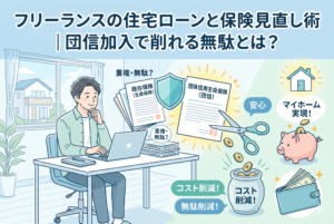 デスクでノートパソコンに向かう男性（フリーランス）が、既存の生命保険と住宅ローンの団体信用生命保険（団信）の重複を見直している。ハサミで保険をカットし、コスト削減・無駄削減をすることで、マイホーム実現と貯金をするイラスト。