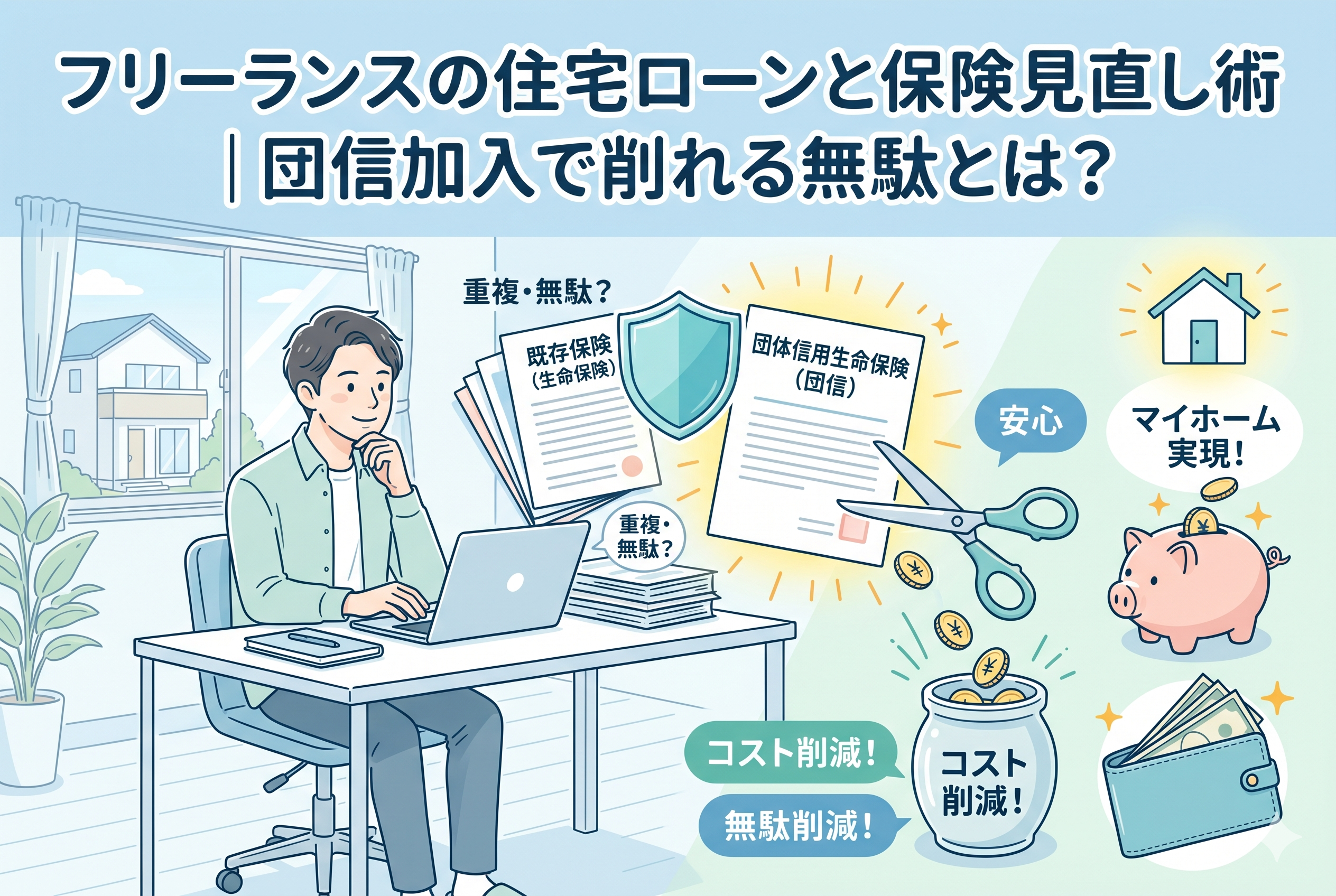 デスクでノートパソコンに向かう男性(フリーランス)が、既存の生命保険と住宅ローンの団体信用生命保険(団信)の重複を見直している。ハサミで保険をカットし、コスト削減・無駄削減をすることで、マイホーム実現と貯金をするイラスト。