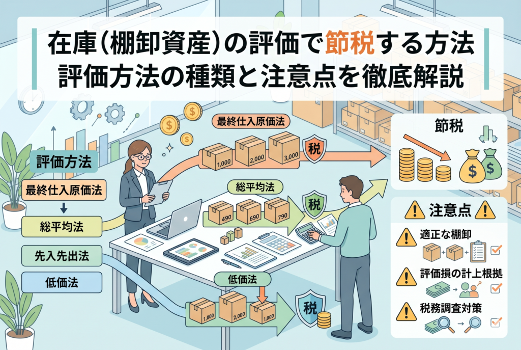 在庫(棚卸資産)の評価による節税方法を解説するインフォグラフィック画像。上部に記事タイトル「在庫(棚卸資産)の評価で節税する方法|評価方法の種類と注意点を徹底解説」が記載されている。画面左側には「最終仕入原価法」「総平均法」「低価法」などの評価方法がリストアップされ、中央ではビジネスパーソンが倉庫で在庫を管理しながら計算している様子が描かれている。右側には節税のイメージ図と、「適正な棚卸」「評価損の計上根拠」「税務調査対策」といった実務上の注意点がアイコンと共にまとめられている。